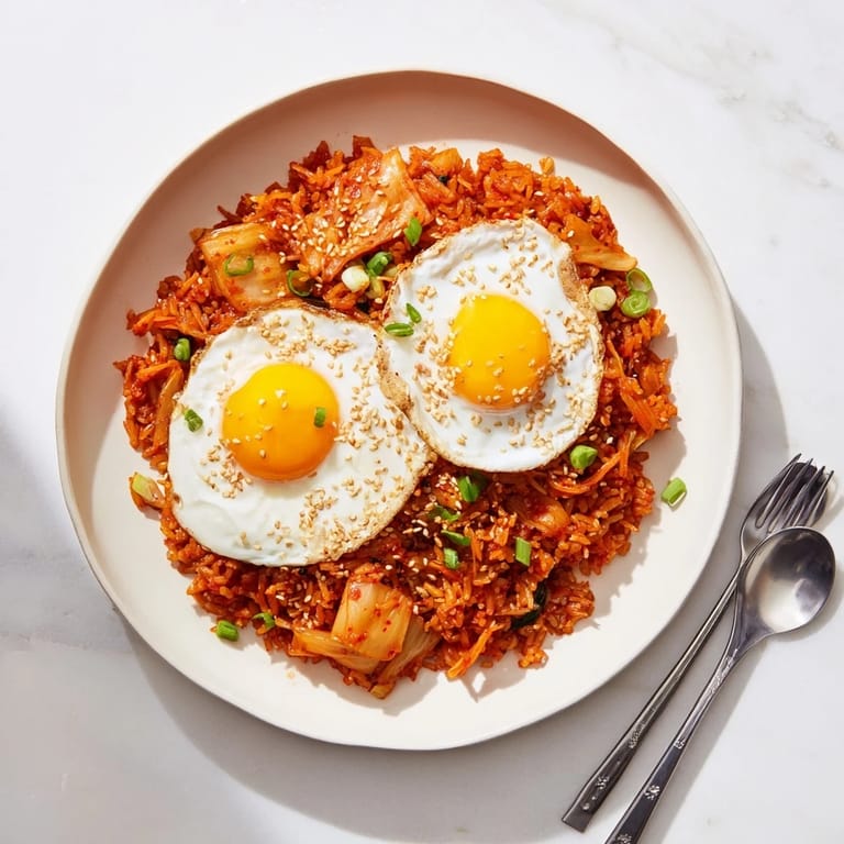 Spicy Kimchi Fried Rice topped with a runny yolk fried egg and fresh green onions, served in a ceramic bowl.