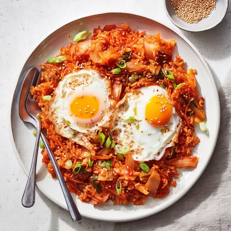 Glossy Kimchi Fried Rice tossed with colorful vegetables in a hot wok, finished with sesame seeds and sliced green onions.