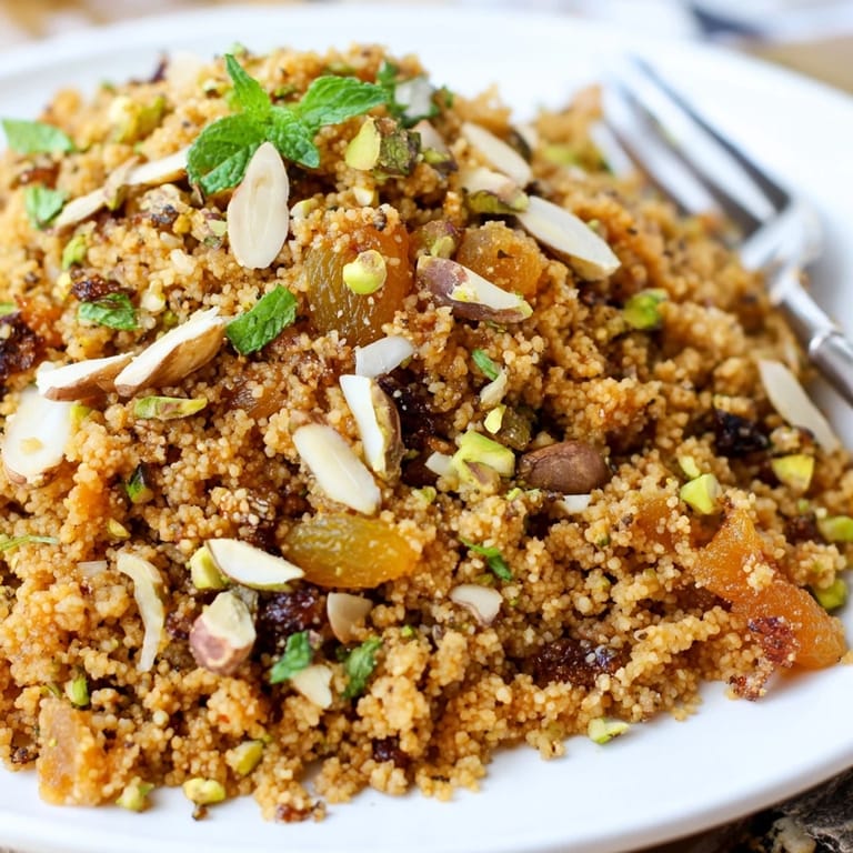 Warm couscous pilaf studded with toasted almonds and pistachios, garnished with parsley and lemon wedges.  