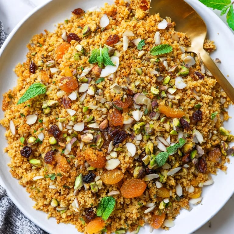 Aromatic Middle Eastern couscous pilaf with dried fruits, toasted nuts, and a hint of cinnamon.