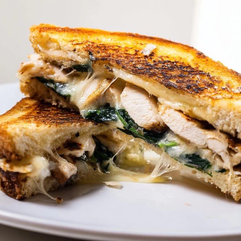 Warm Grilled Chicken Spinach Panini sliced in half, revealing juicy chicken, fresh greens, and gooey cheese inside.