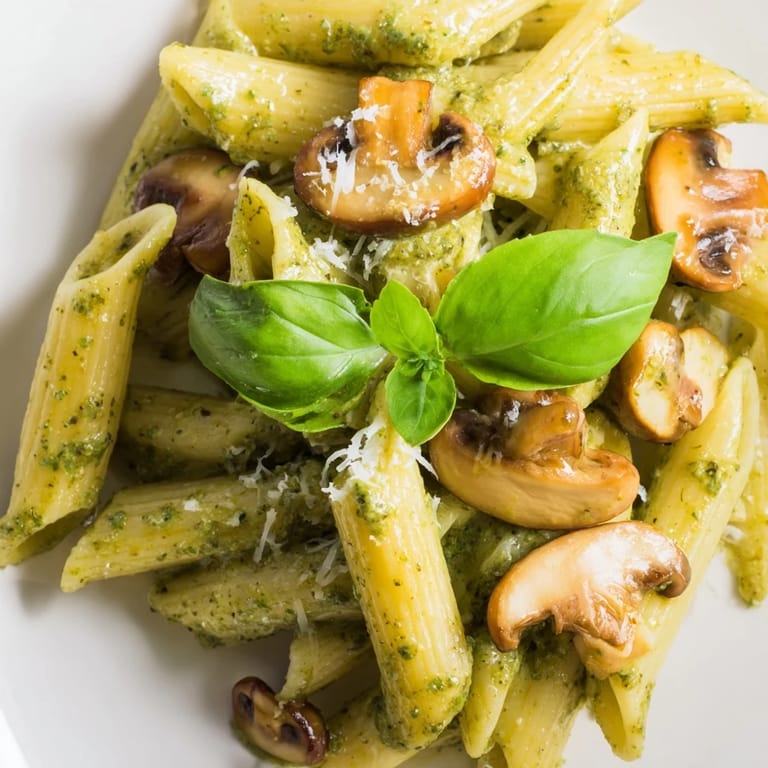 Steaming mushroom pesto pasta with sautéed cremini mushrooms tossed in a vibrant basil cream sauce, served as a hearty main dish.