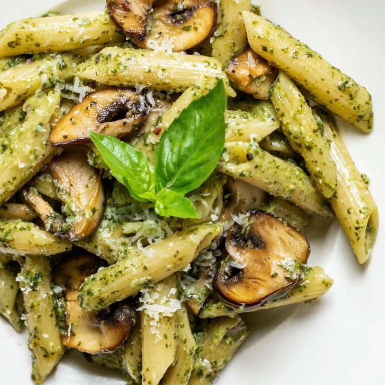 Freshly prepared mushroom pesto pasta with golden mushrooms and herbs, paired with a glass of white wine on a rustic table.