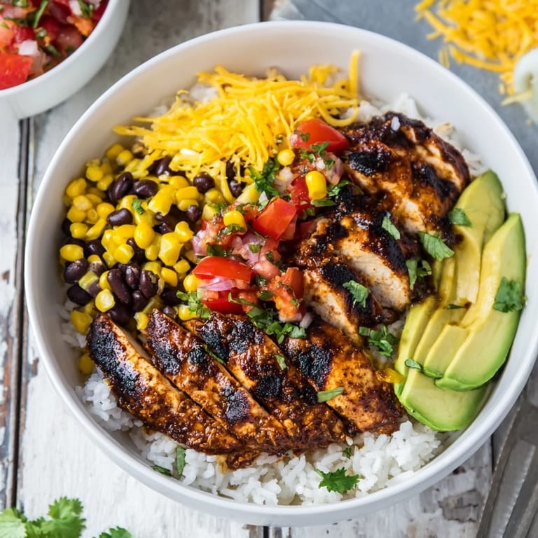 In a shallow bowl, the Spicy Chicken Burrito Bowl features zesty grilled chicken over rice, sweet corn, black beans, and creamy avocado slices.  