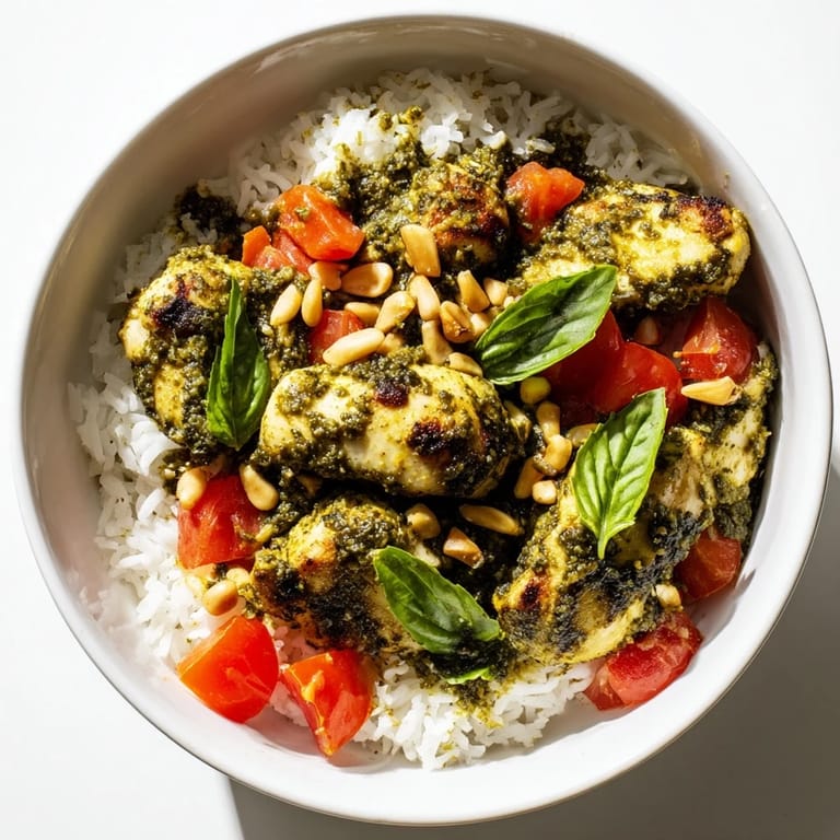 Gluten-free Chicken Pesto Rice Bowl featuring golden sautéed chicken and pine nuts on fluffy rice.