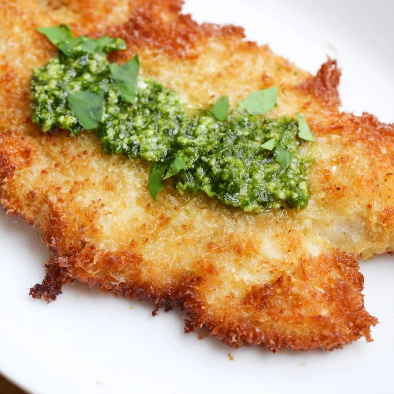 Tender, pan-fried chicken cutlets topped with fresh basil pesto, ideal for an easy Italian-inspired weeknight meal.  