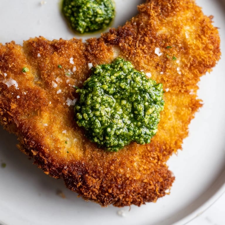 Crispy Pesto Chicken Cutlets garnished with basil and lemon wedges, ready to enjoy with a simple side salad.