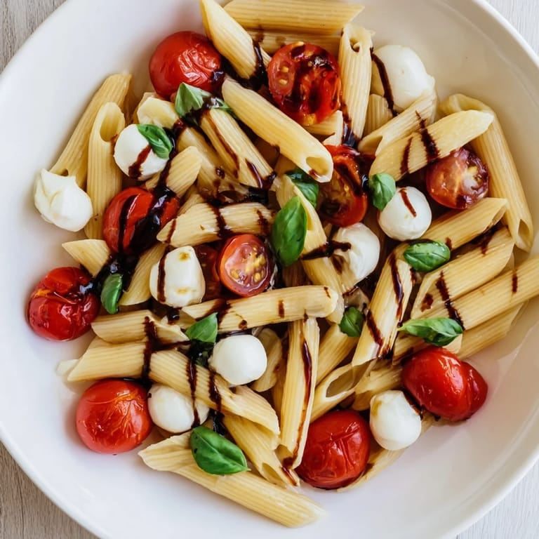 Freshly prepared Caprese Salad Pasta in a shallow bowl, showcasing colorful cherry tomatoes, tender pasta, and fragrant basil leaves, perfect for a light summer lunch.