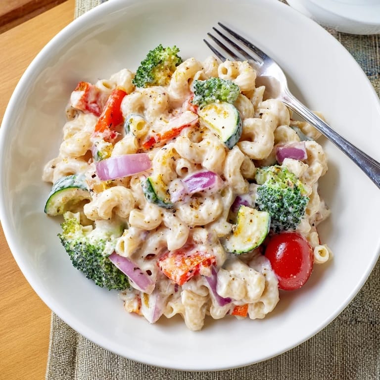 The baked Roasted Veggie Mac & Cheese shows a bubbling, orange cheddar sauce coating cavatappi pasta with colorful, oven-roasted vegetables peeking through.