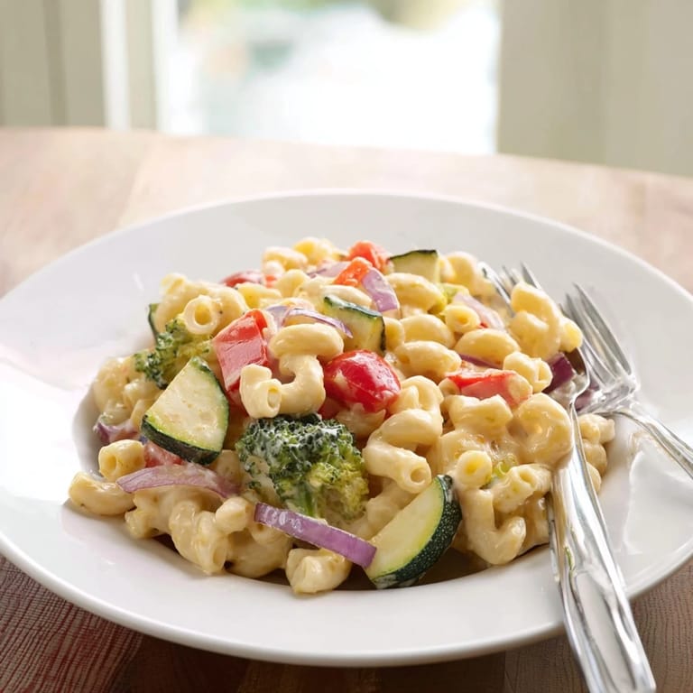 A close-up view of Roasted Veggie Mac & Cheese in a skillet, highlighting crispy breadcrumb topping and vibrant zucchini and cherry tomato pieces.