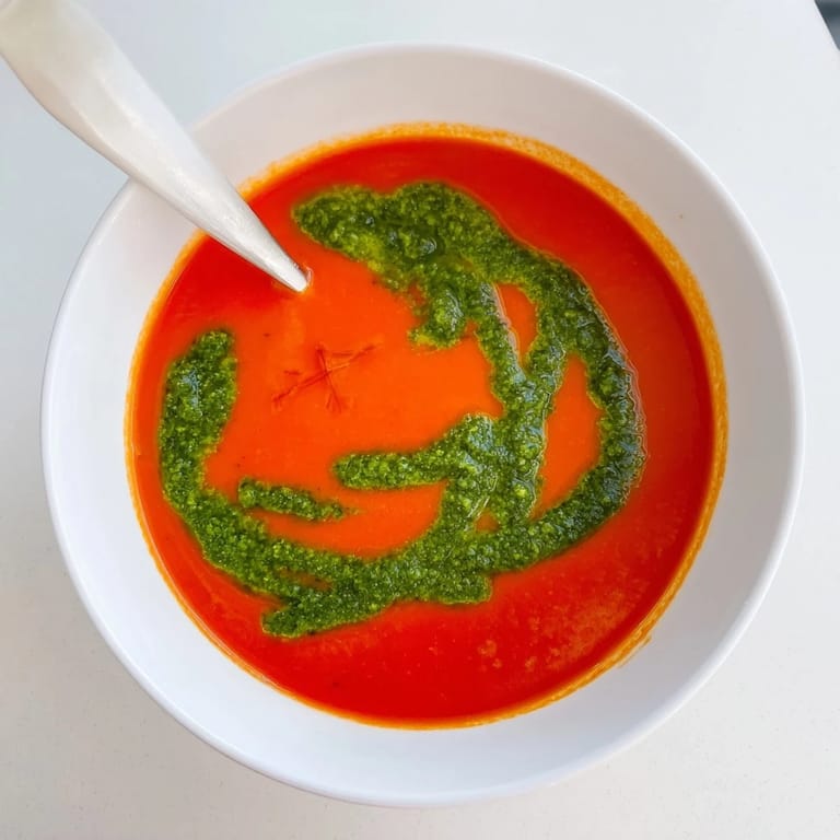 A close-up of Tomato Soup with Basil Pesto Swirl, highlighting the velvety texture and a fresh basil leaf garnish on top.  