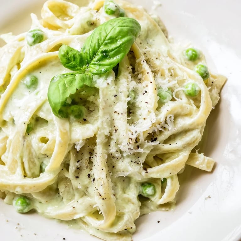 A skillet of freshly tossed Creamy Green Pea Alfredo, featuring tender fettuccine and melted Parmesan.  