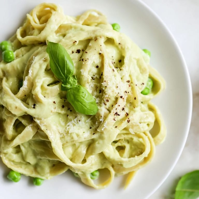 Close-up of Creamy Green Pea Alfredo served in a white bowl, garnished with cracked black pepper.
