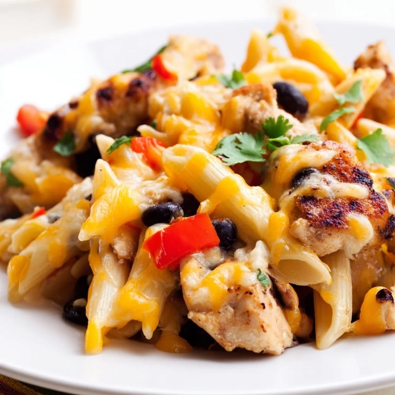 A one-pan Crispy Chicken Burrito Pasta dish with steaming cheese, lime wedges, and sour cream ready for serving.