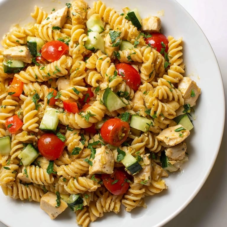 Colorful honey mustard chicken pasta salad ready for a light main course or picnic.
