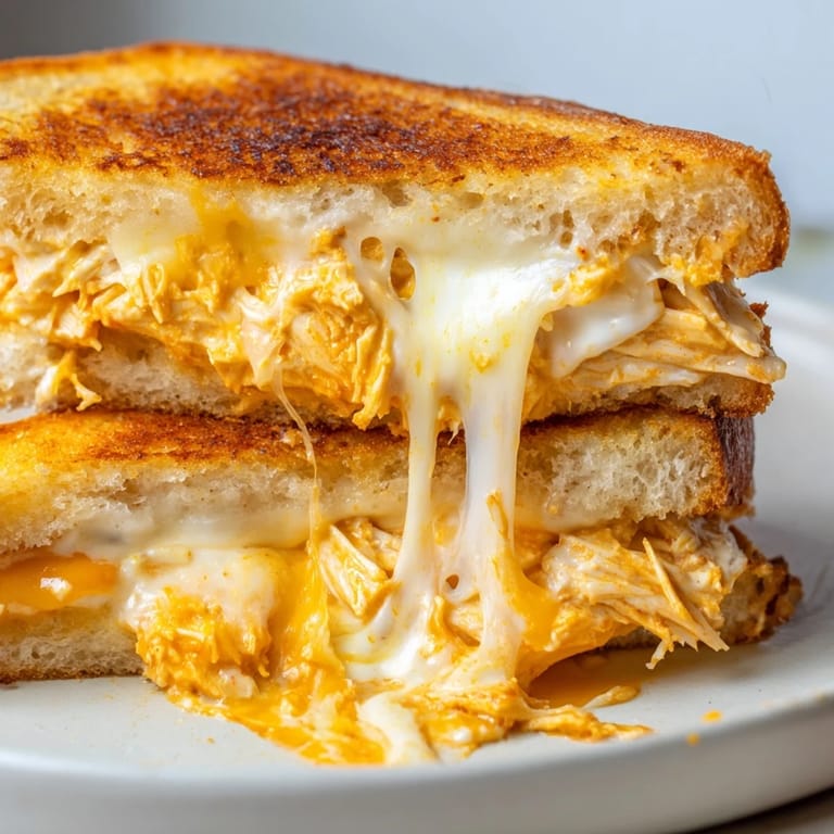 Melted cheddar and buffalo chicken fill buttery, toasted bread slices, garnished with fresh green onions.