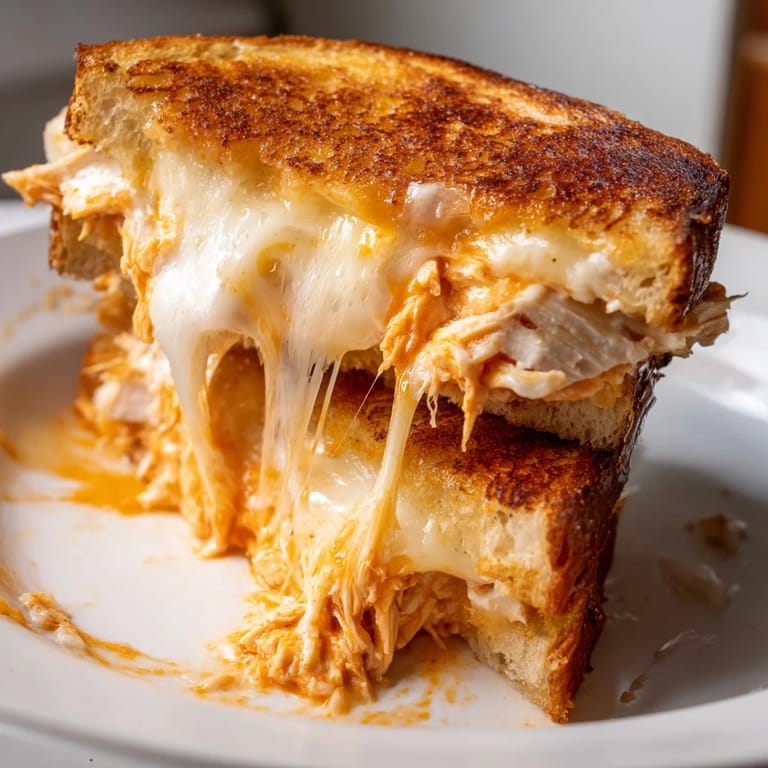 Savory grilled cheese sandwiches feature tangy buffalo chicken and ranch between golden, crispy sourdough slices.