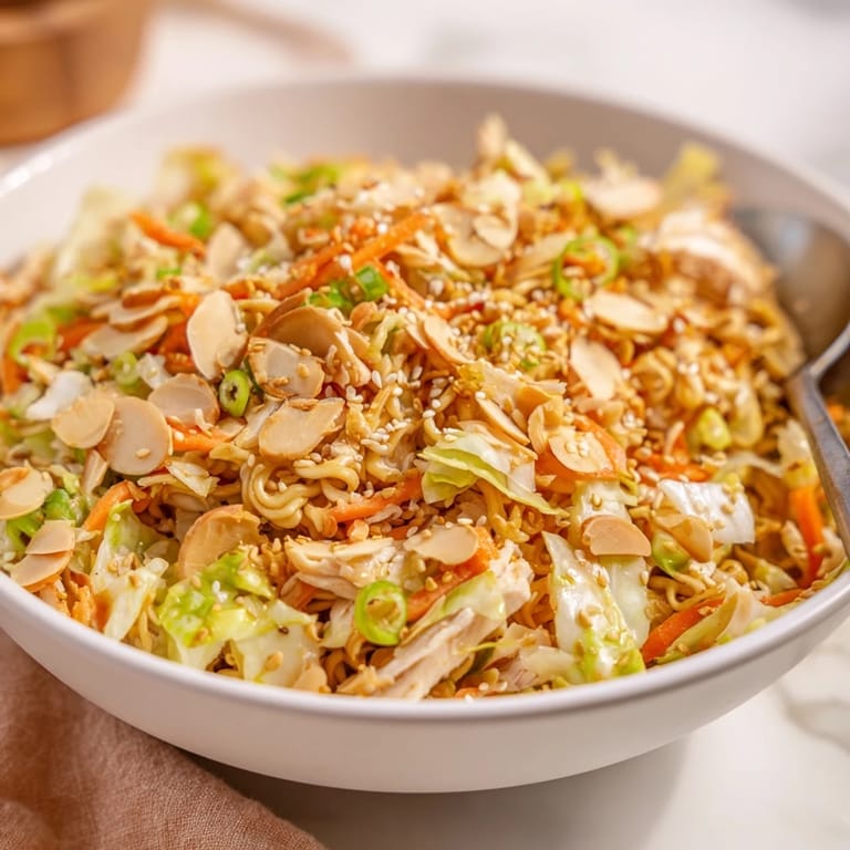 Freshly tossed Crunchy Ramen Chicken Salad topped with toasted almonds, sesame seeds, and scallions, served in a white bowl for a quick lunch.