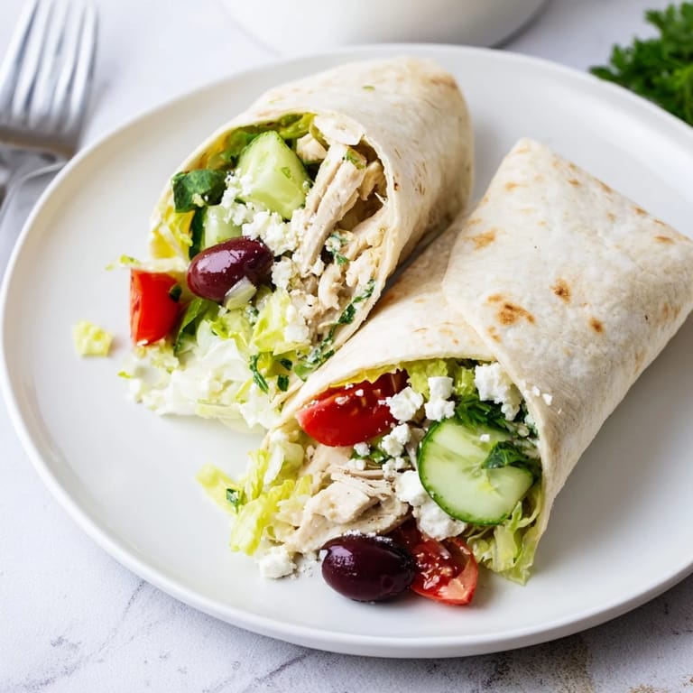 A vibrant, handheld Greek Lemon Chicken Salad Wrap filled with marinated chicken, tomatoes, olives, and fresh herbs.