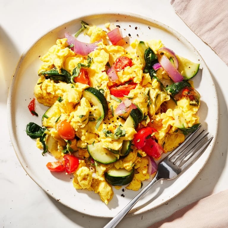 Serving suggestion of egg and vegetable scramble with toast on a rustic table.