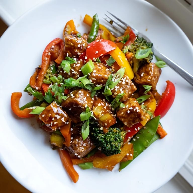 Freshly cooked vegetable tempeh stir-fry served in a white bowl, garnished with sesame seeds and cilantro for a nutritious weeknight dinner.