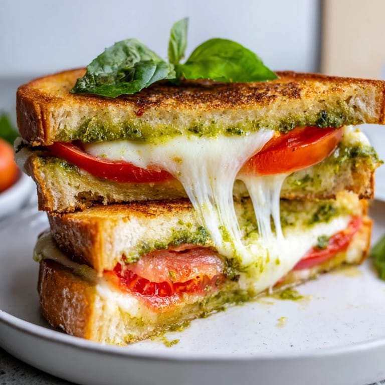 Melted mozzarella and vibrant tomato slices ooze from a golden Caprese Pesto Grilled Cheese in this appetizing food photo.