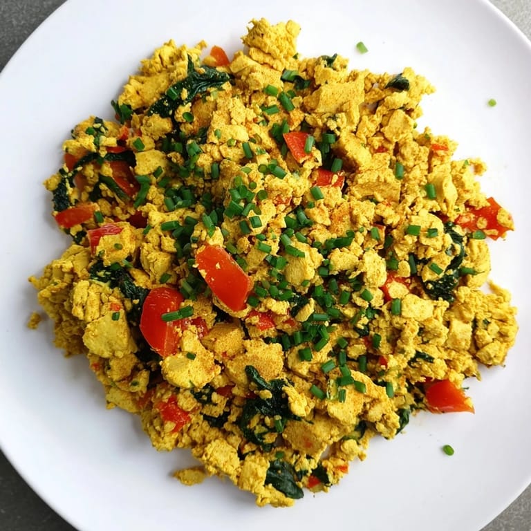 Golden tofu scramble with crumbles, wilted spinach, and tomatoes garnished with chives, perfect alongside toast for an easy vegan brunch.
