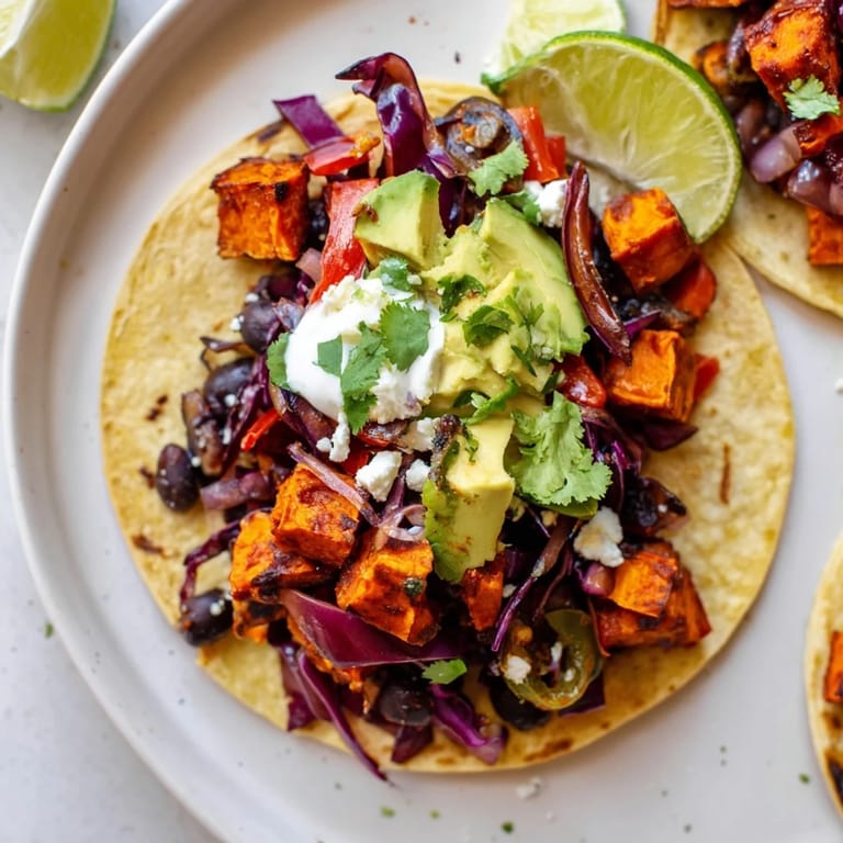 Vibrant plant-based tacos with seasoned sweet potatoes, black beans, and vegan toppings, ready to serve with a drizzle of vegan sour cream.