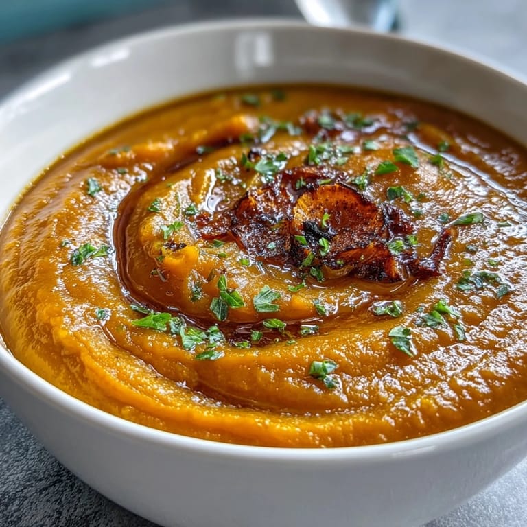 Roasted Vegetable Soup is served hot with toasted seeds and fresh herbs, perfect for chilly days.