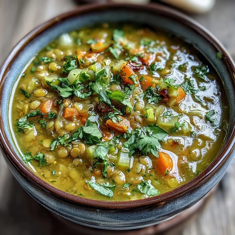 Close-up of simmering Mung Bean Soup with turmeric-spiced mung beans, carrots, celery, and tomatoes in a rustic pot.