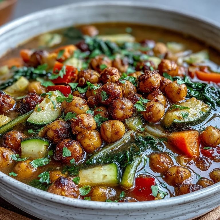 Aromatic Spiced Chickpea and Vegetable Soup featuring wilted kale, diced carrots, and golden chickpeas, ready to warm chilly evenings.