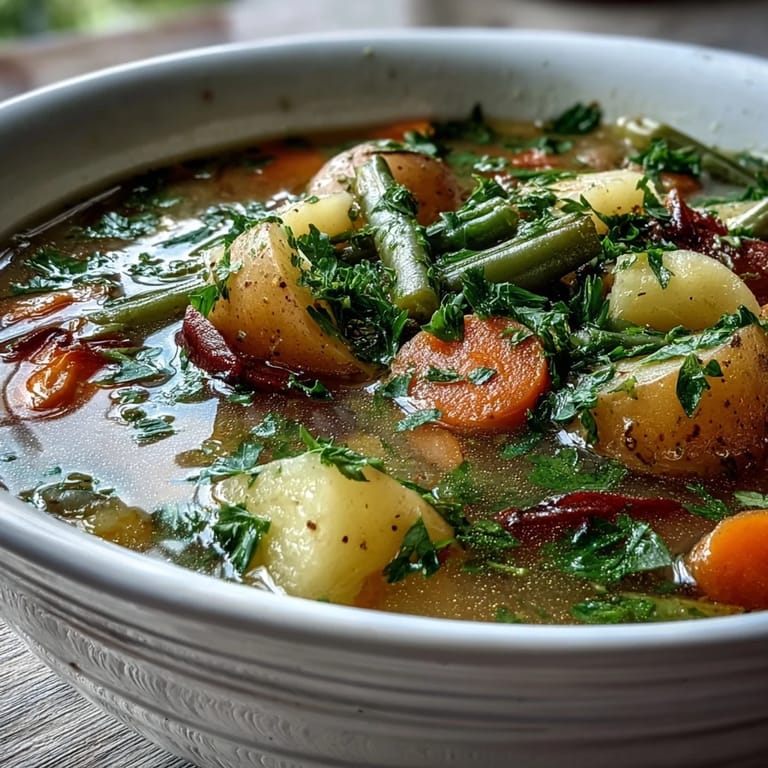 Ladle of rustic Potato and Vegetable Soup with fresh parsley garnish, served alongside crusty bread for dipping.