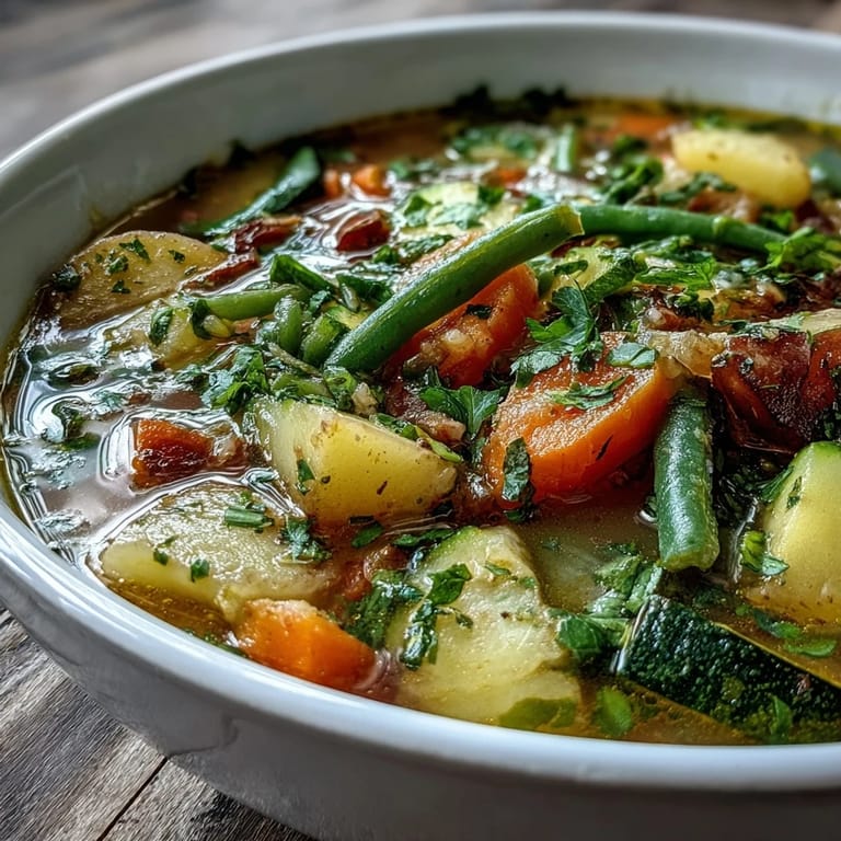 Close-up on tender potatoes and zucchini in savory Potato and Vegetable Soup, with bright peas and carrots.