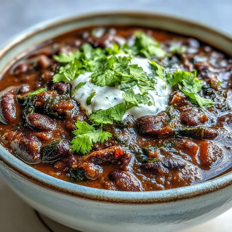 Steaming pot of Black Bean Soup with a rustic ladle and fresh cilantro, showcasing its thick, creamy texture.