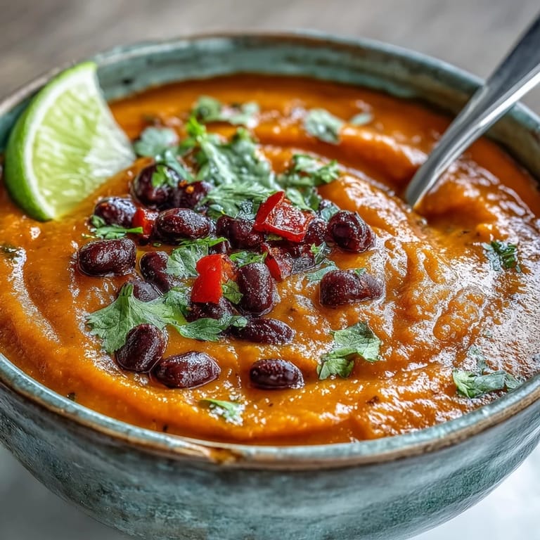 Close-up of creamy Sweet Potato and Black Bean Soup with visible black beans and diced vegetables.