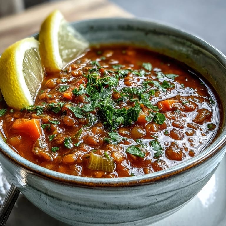 Vibrant Tomato Lentil Soup served with crusty bread on a linen napkin for a cozy, wholesome meal.