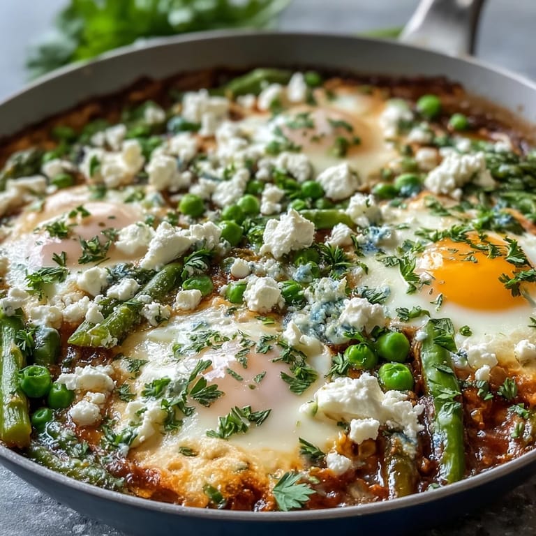 Colorful Pea and Broad Bean Shakshuka served in a cast-iron skillet, featuring tender peas, broad beans, and asparagus in a spiced tomato base.