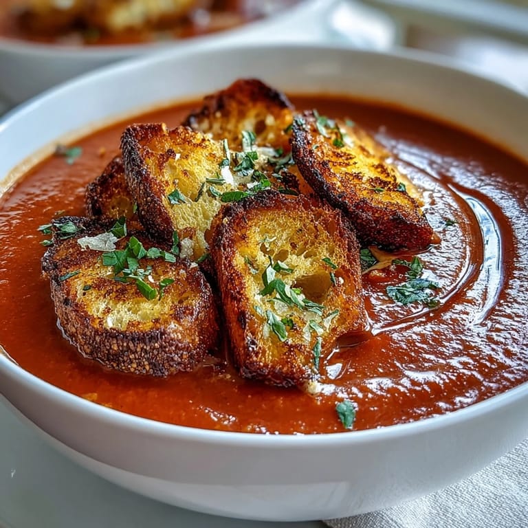 Golden, crunchy croutons topping a rich Roasted Red Pepper Soup, garnished with a swirl of cream and fresh parsley on top.