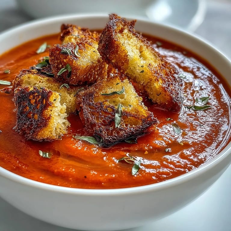 A close-up of creamy Roasted Red Pepper Soup with crispy croutons, highlighting the velvety texture and deep red color of the purée.