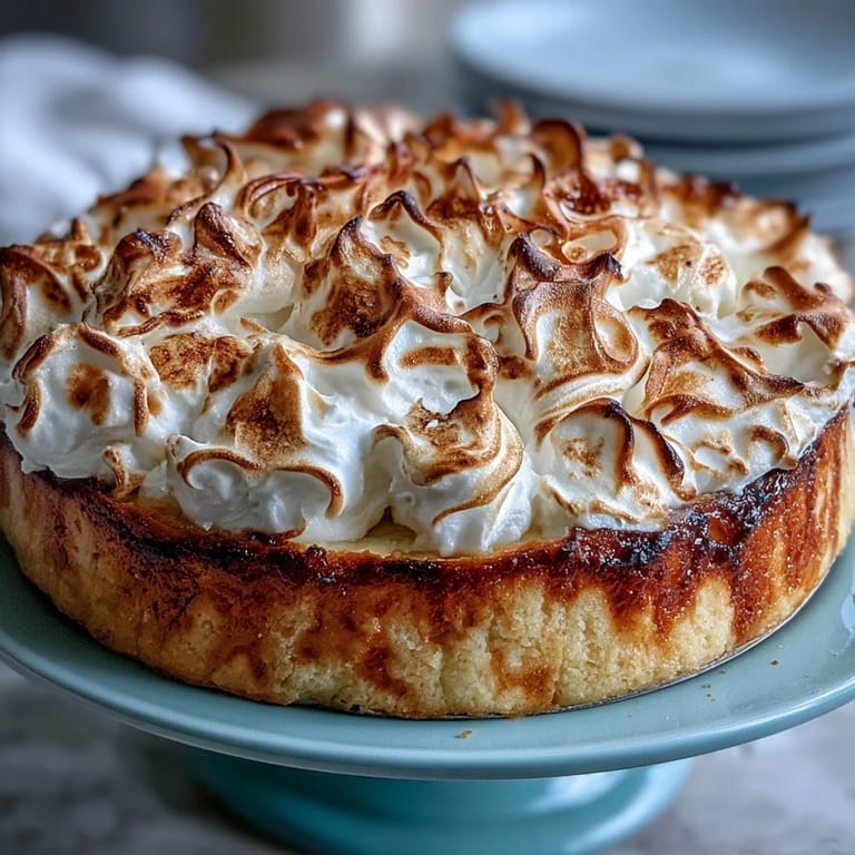 Freshly baked Lemon Meringue Pie with a crisp golden crust, served beside a pitcher of iced tea.