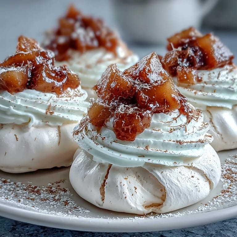 Close-up of Mini Hot Toddy Pavlovas showcasing airy meringue nests filled with tender pears and creamy topping.
