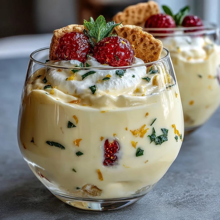 Light, marbled lemon fool served in elegant dessert glasses with shortbread biscuits on the side.