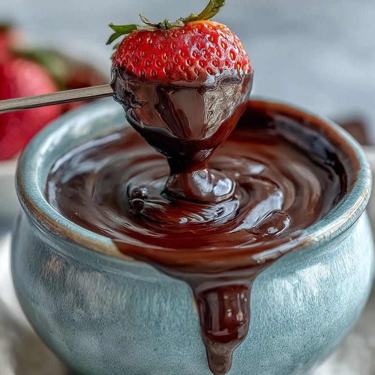 Creamy Boozy Chocolate Fondue with a rich chocolate swirl and shot of liqueur, ready for dipping pretzels and sliced bananas on a wooden board.
