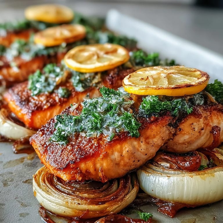 Citrusy parsley dressing drizzled over perfectly cooked One-Pan Roast Salmon, highlighting the caramelized red onion wedges.