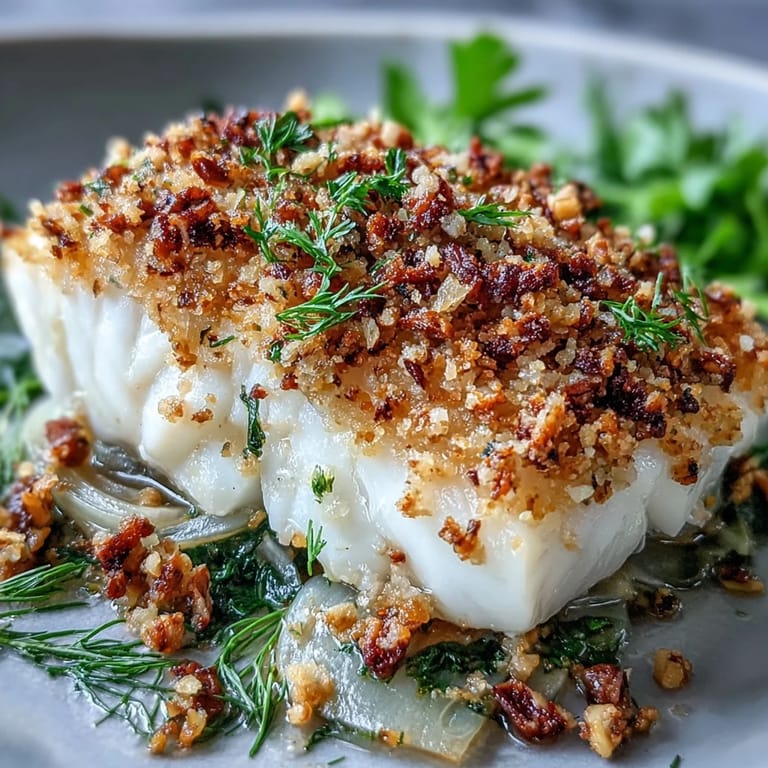 Pan-roasted halibut with caramelized fennel, lemon zest, and a golden walnut pangrattato.