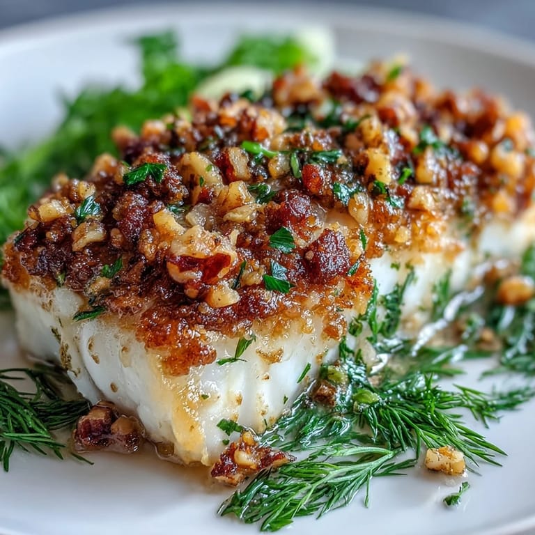 Juicy oven-baked halibut with aromatic fennel and a crispy lemon-walnut breadcrumb topping.