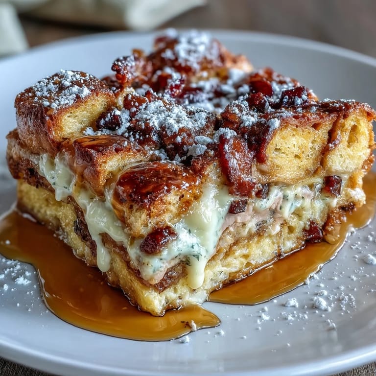 A plated slice of Monte Cristo Breakfast Casserole drizzled with maple syrup and berries.