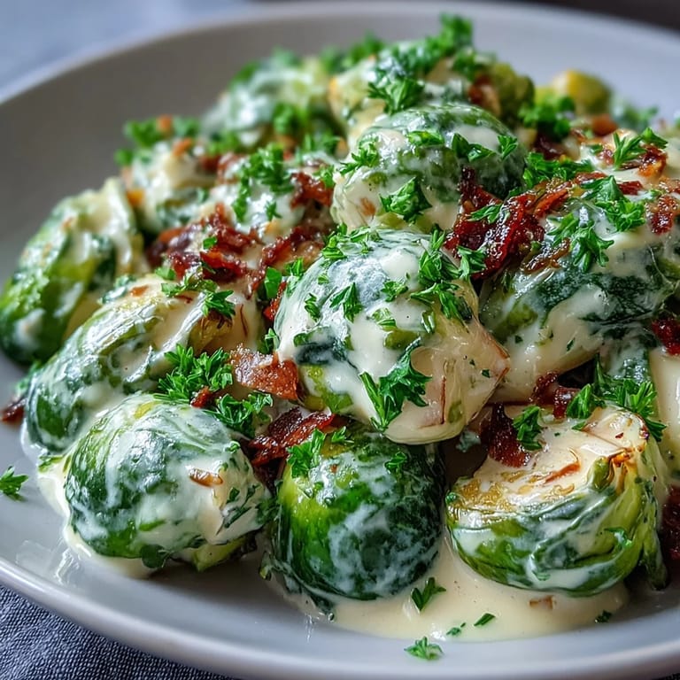 Platter of vegetarian Brussels sprouts in cream cheese-mustard sauce, perfect as a German-inspired dinner side dish.