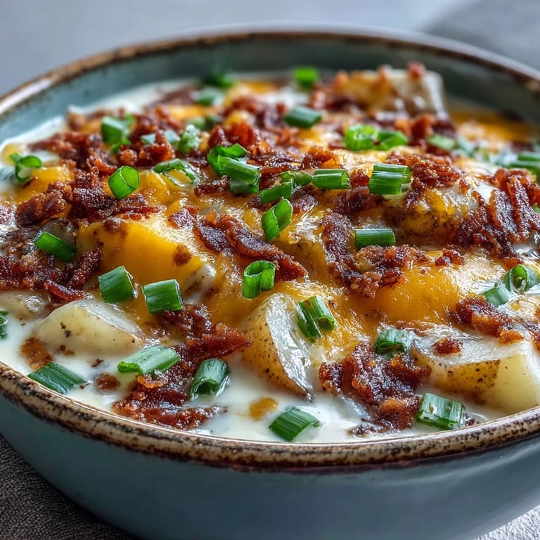A close-up of rich Loaded Potato Soup with melted cheddar cheese and a dollop of sour cream, ready to be paired with a side of crusty bread.
