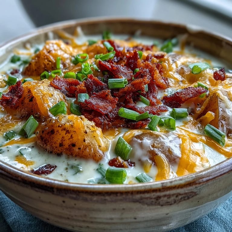 A hearty bowl of homemade Loaded Potato Soup garnished with extra cheddar and chopped green onions, perfect for a cozy, gluten-free family dinner.